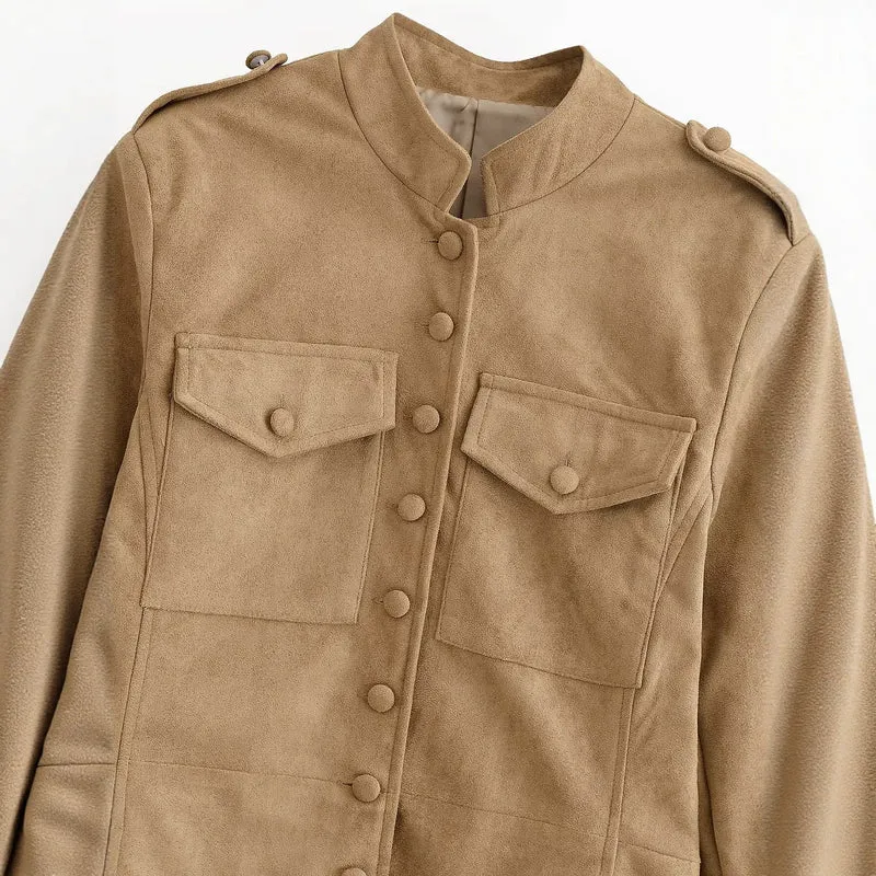 Damen taillierte Safari-Jacke in Velourslederoptik mit Pattentaschen Nord Taschen
