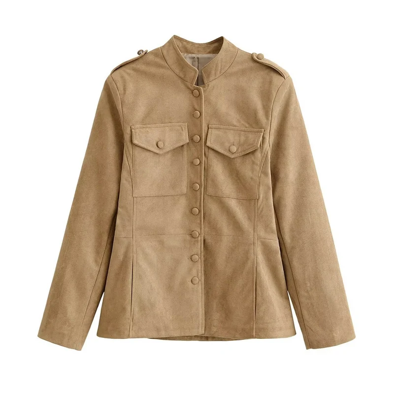Damen taillierte Safari-Jacke in Velourslederoptik mit Pattentaschen Nord Taschen