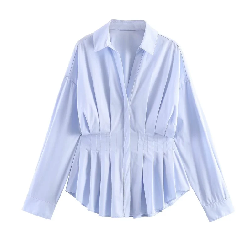 Damen taillierte Plissee-Hemdbluse mit Schößchen Nord Taschen