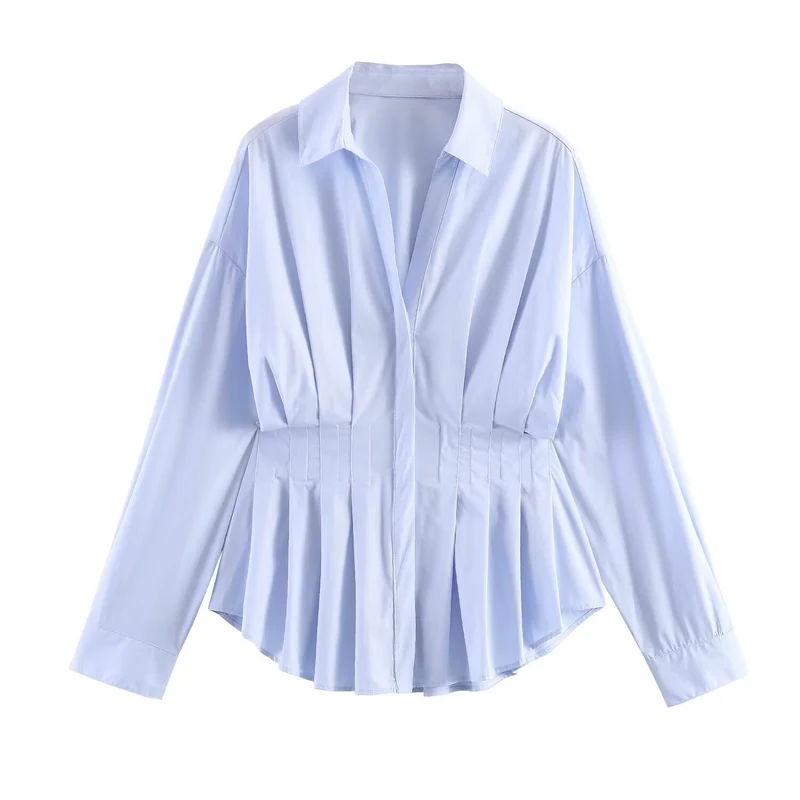 Damen taillierte Plissee-Hemdbluse mit Schößchen Nord Taschen
