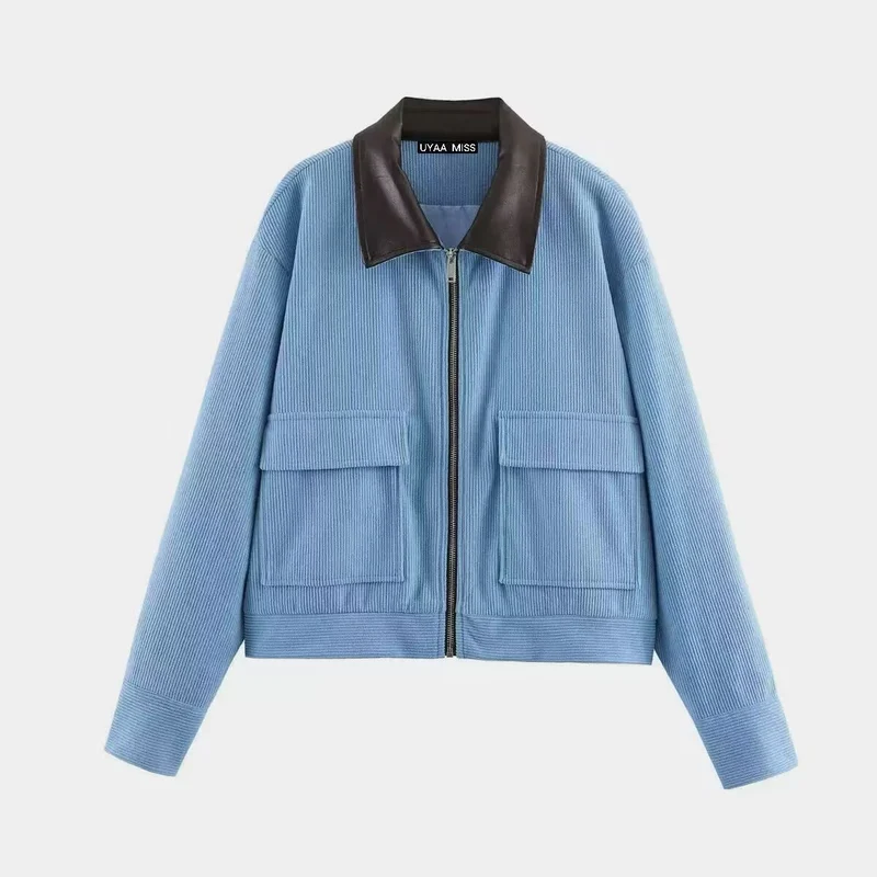 Damen Kurzjacke aus Cord mit Lederkragen und aufgesetzten Klappentaschen Nord Taschen