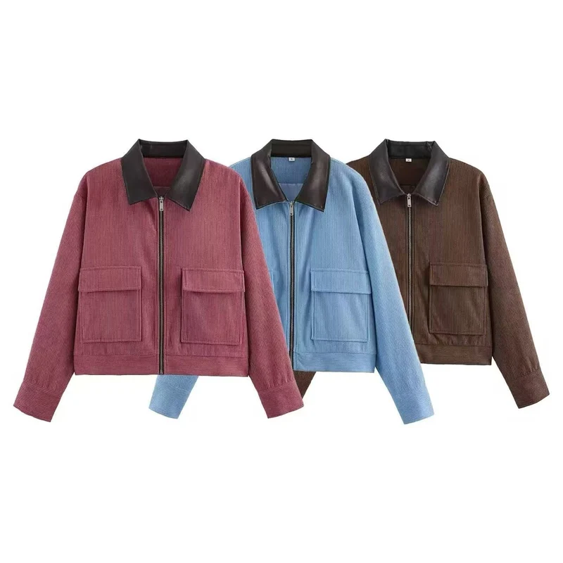 Damen Kurzjacke aus Cord mit Lederkragen und aufgesetzten Klappentaschen Nord Taschen