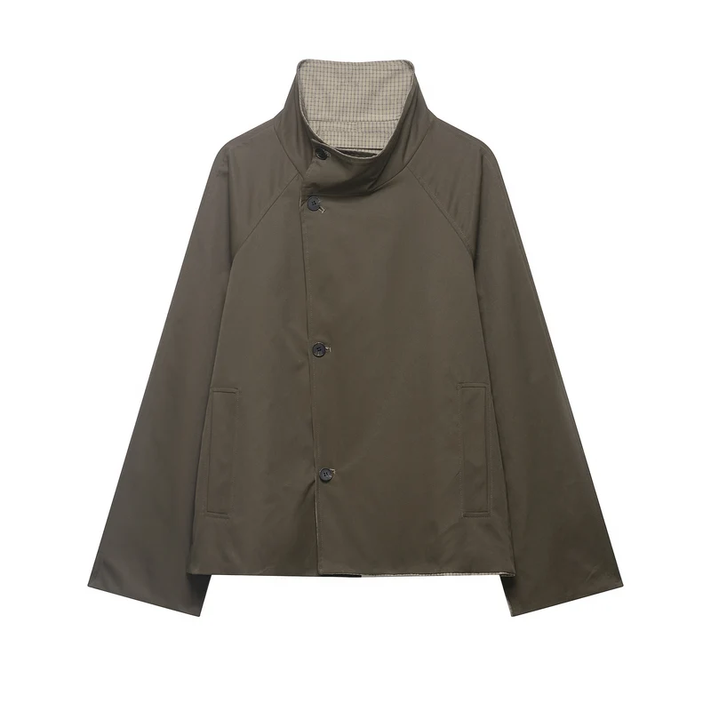 Damen kurzes Cape‑Mantel mit hohem Stehkragen, verdeckter Knopfleiste und Eingrifftaschen Nord Taschen