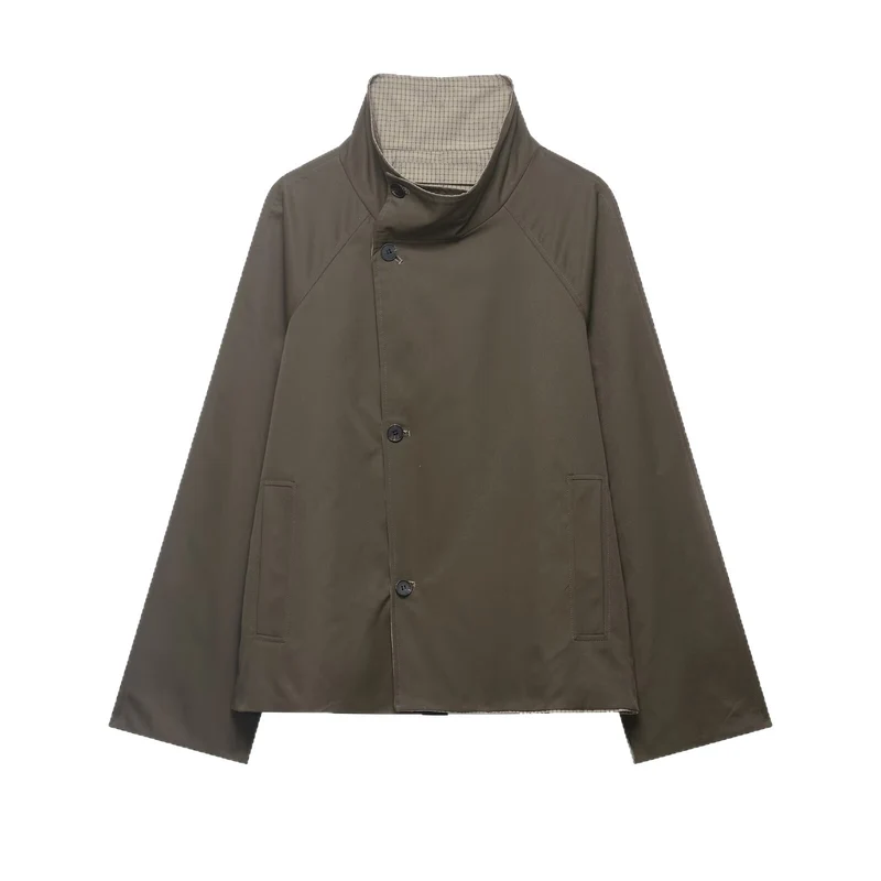 Damen kurzes Cape‑Mantel mit hohem Stehkragen, verdeckter Knopfleiste und Eingrifftaschen Nord Taschen