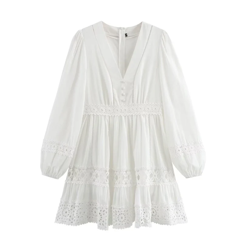 Damen Kurzes Boho-Kleid mit V‑Ausschnitt, Volantstufen und Häkelspitzen Nord Taschen