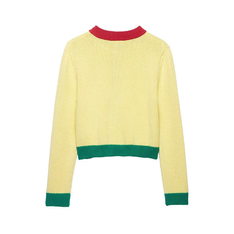 Damen Kurzer Grobstrick-Cardigan mit Kontrastblenden und Zierklappentaschen Nord Taschen