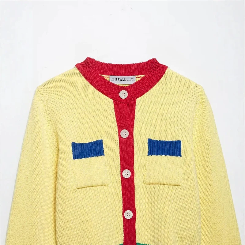 Damen Kurzer Grobstrick-Cardigan mit Kontrastblenden und Zierklappentaschen Nord Taschen