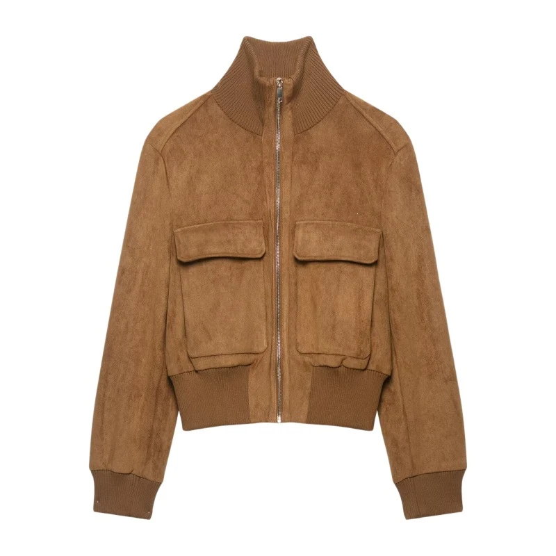 Damen Kurze Wildlederoptik-Bomberjacke mit Stehkragen, Klappentaschen und Rippbündchen Nord Taschen