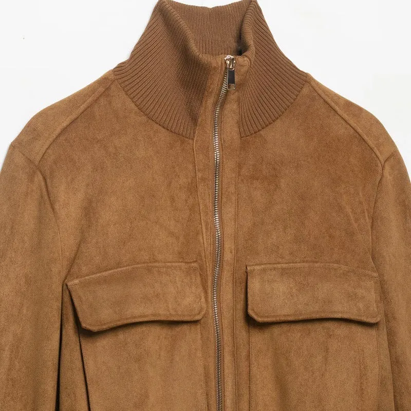 Damen Kurze Wildlederoptik-Bomberjacke mit Stehkragen, Klappentaschen und Rippbündchen Nord Taschen
