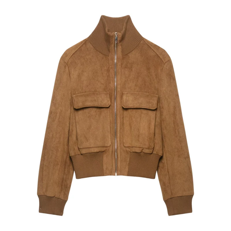 Damen Kurze Wildlederoptik-Bomberjacke mit Stehkragen, Klappentaschen und Rippbündchen Nord Taschen