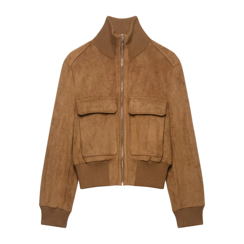 Damen Kurze Wildlederoptik-Bomberjacke mit Stehkragen, Klappentaschen und Rippbündchen Nord Taschen