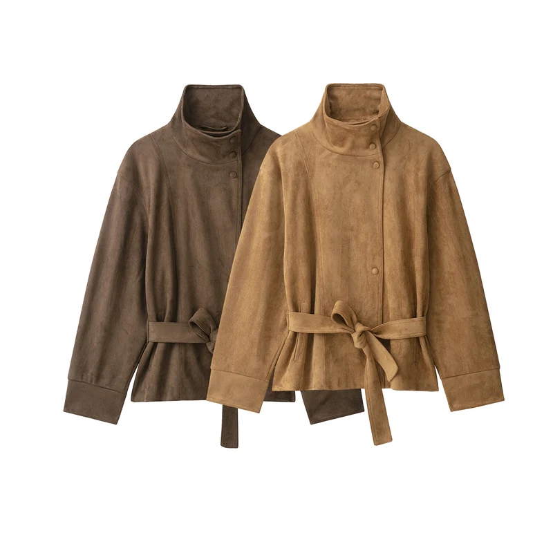 Damen Kurze Velourslederjacke mit hohem Stehkragen und Bindegürtel Nord Taschen