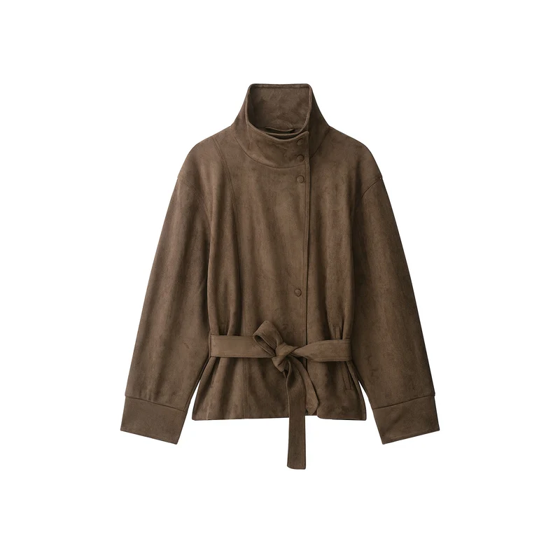 Damen Kurze Velourslederjacke mit hohem Stehkragen und Bindegürtel Nord Taschen