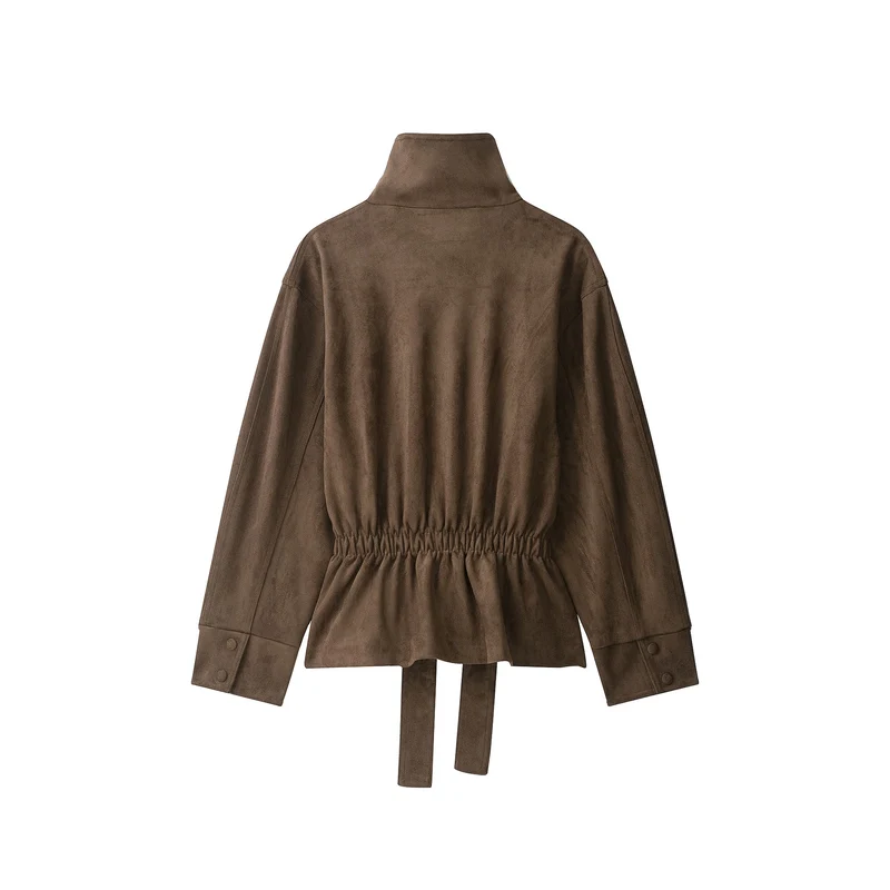 Damen Kurze Velourslederjacke mit hohem Stehkragen und Bindegürtel Nord Taschen