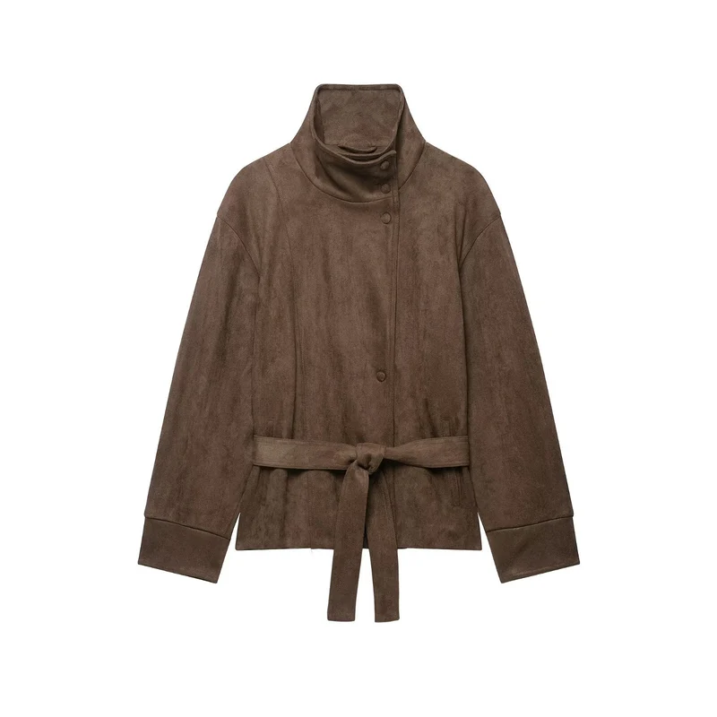 Damen Kurze Velourslederjacke mit hohem Stehkragen und Bindegürtel Nord Taschen