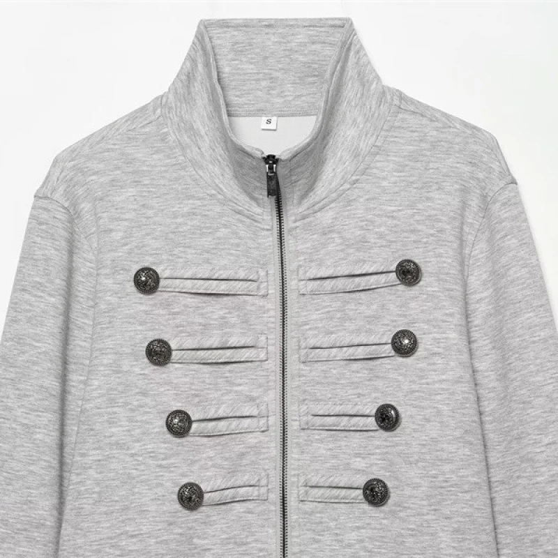 Damen Kurze Sweatjacke im Military-Stil mit Stehkragen und Zierknopfdetails Nord Taschen