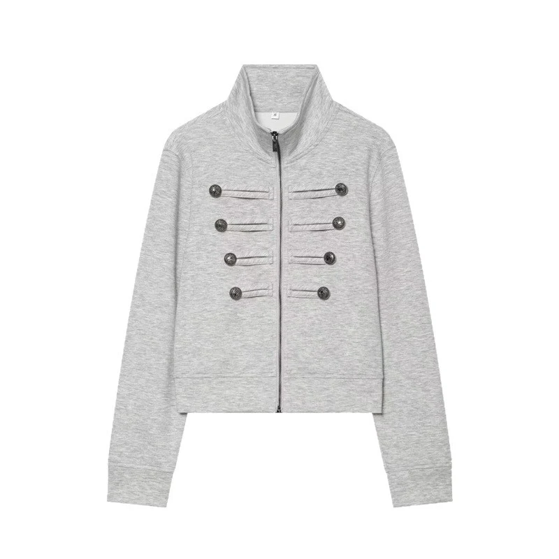 Damen Kurze Sweatjacke im Military-Stil mit Stehkragen und Zierknopfdetails Nord Taschen