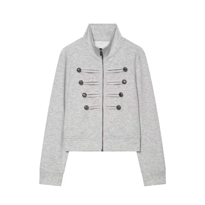 Damen Kurze Sweatjacke im Military-Stil mit Stehkragen und Zierknopfdetails Nord Taschen