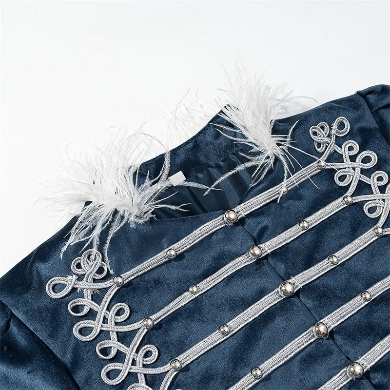 Damen Militärisch inspirierte Samtjacke mit Zierkordeln, Federbesatz und dekorativen Knöpfen Nord Taschen