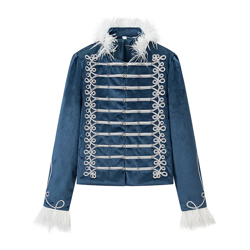 Damen Militärisch inspirierte Samtjacke mit Zierkordeln, Federbesatz und dekorativen Knöpfen Nord Taschen