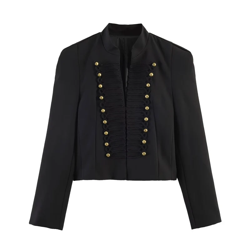 Damen militärinspirierte Cropped-Jacke mit Stehkragen und dekorativer Zierknopfpassé Nord Taschen