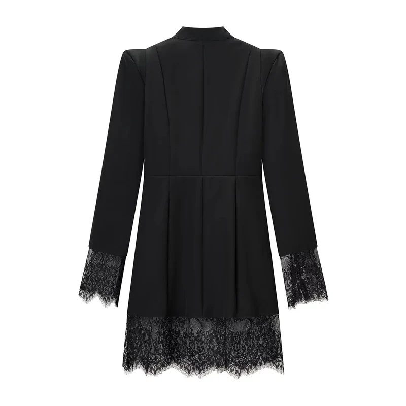 Damen Midikleid mit Stehkragen, Cut-Out‑Front, goldenen Zierverschlüssen und Spitzenbesatz Nord Taschen