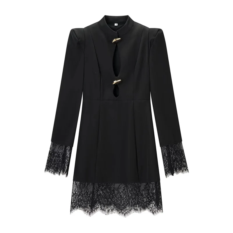 Damen Midikleid mit Stehkragen, Cut-Out‑Front, goldenen Zierverschlüssen und Spitzenbesatz Nord Taschen