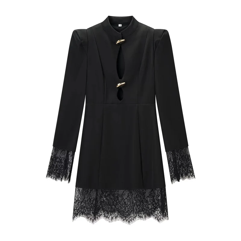 Damen Midikleid mit Stehkragen, Cut-Out‑Front, goldenen Zierverschlüssen und Spitzenbesatz Nord Taschen
