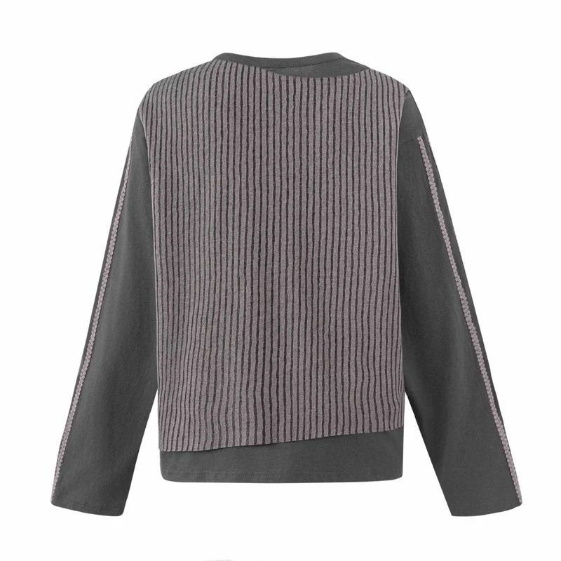 Damen Lässiges Sweatshirt mit gestreiftem Overlay, Ziernähten und Rosenprint Nord Taschen