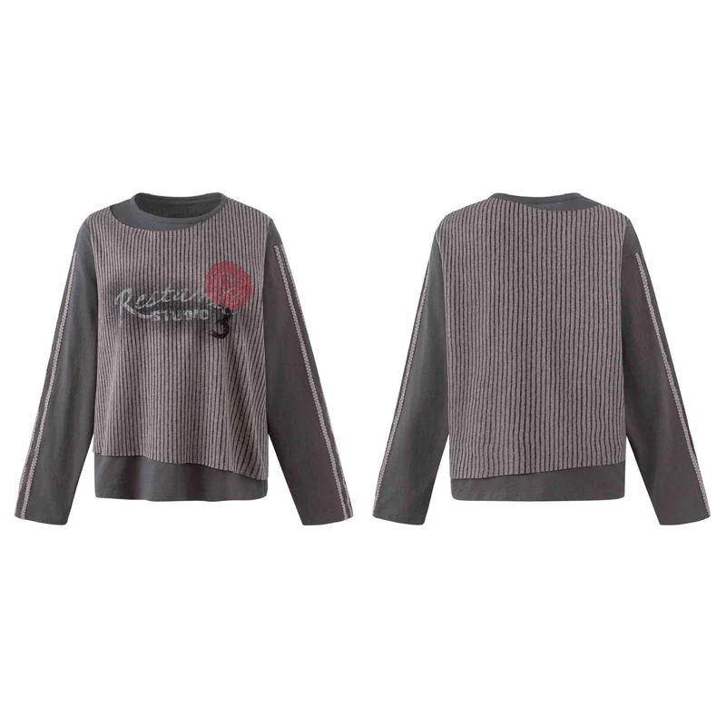 Damen Lässiges Sweatshirt mit gestreiftem Overlay, Ziernähten und Rosenprint Nord Taschen