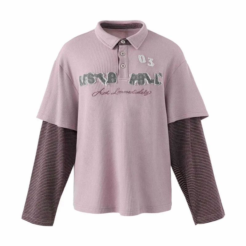 Damen Lässiges Layered-Polo-Shirt mit Rippenstruktur und gestreiften Einsatzärmeln Nord Taschen