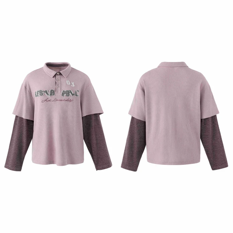 Damen Lässiges Layered-Polo-Shirt mit Rippenstruktur und gestreiften Einsatzärmeln Nord Taschen