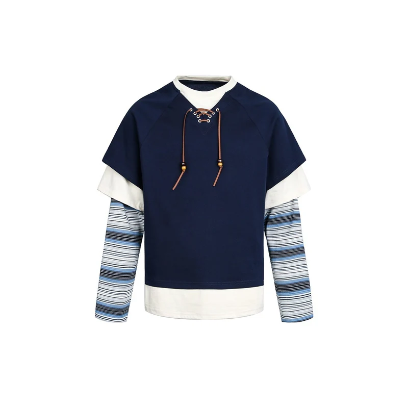 Damen Lagenlook-Sweatshirt mit Schnürung, gestreiften Ärmel-Einsätzen und asymmetrischem Saum Nord Taschen