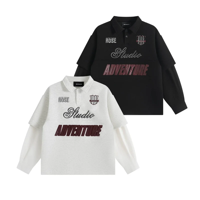Damen Lagenlook-Sweatshirt mit Polokragen und aufgesetzten Stick-Patches Nord Taschen