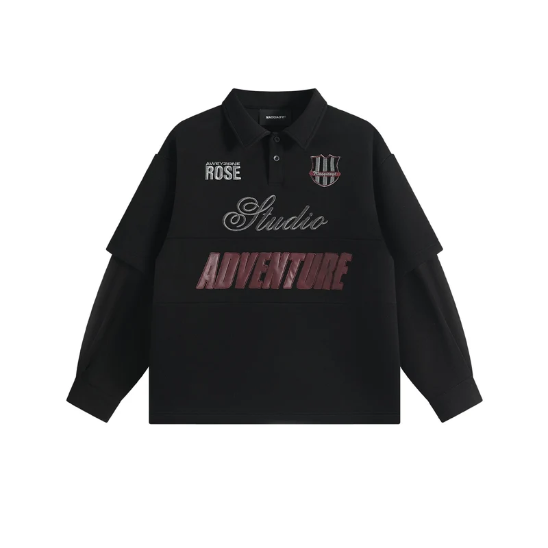 Damen Lagenlook-Sweatshirt mit Polokragen und aufgesetzten Stick-Patches Nord Taschen