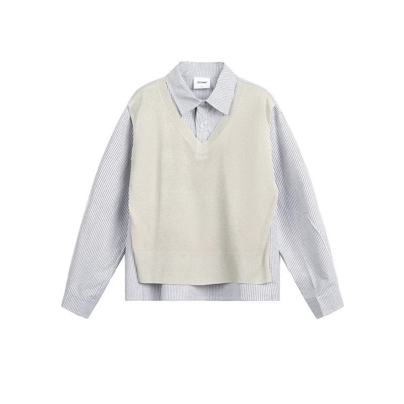 Damen Lagen-Hemdbluse mit eingearbeiteter V-Ausschnitt-Strickweste Nord Taschen