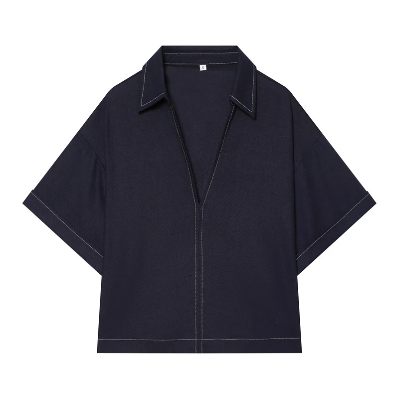 Damen Boxy‑Hemdbluse mit offenem V‑Ausschnitt, kurzem Oversize‑Arm und Kontrastnaht Nord Taschen