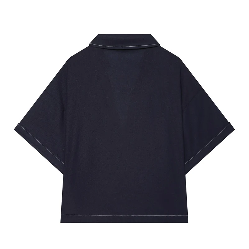 Damen Boxy‑Hemdbluse mit offenem V‑Ausschnitt, kurzem Oversize‑Arm und Kontrastnaht Nord Taschen
