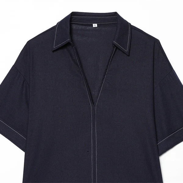 Damen Boxy‑Hemdbluse mit offenem V‑Ausschnitt, kurzem Oversize‑Arm und Kontrastnaht Nord Taschen