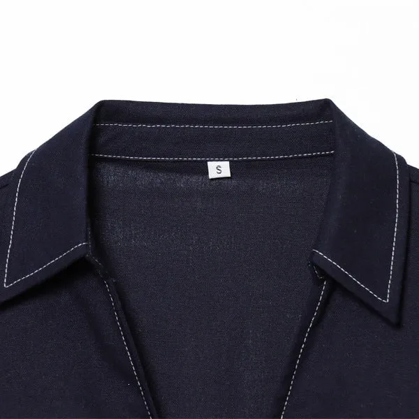 Damen Boxy‑Hemdbluse mit offenem V‑Ausschnitt, kurzem Oversize‑Arm und Kontrastnaht Nord Taschen