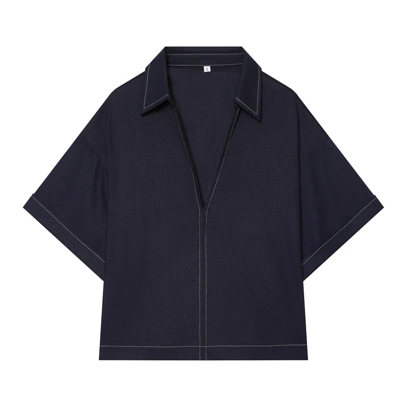 Damen Boxy‑Hemdbluse mit offenem V‑Ausschnitt, kurzem Oversize‑Arm und Kontrastnaht Nord Taschen