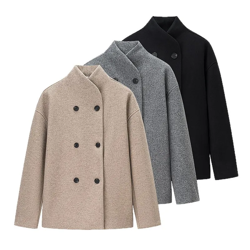 Damen Boxy-Doppelreiher Wollmix-Mantel mit hohem Wickelkragen Nord Taschen