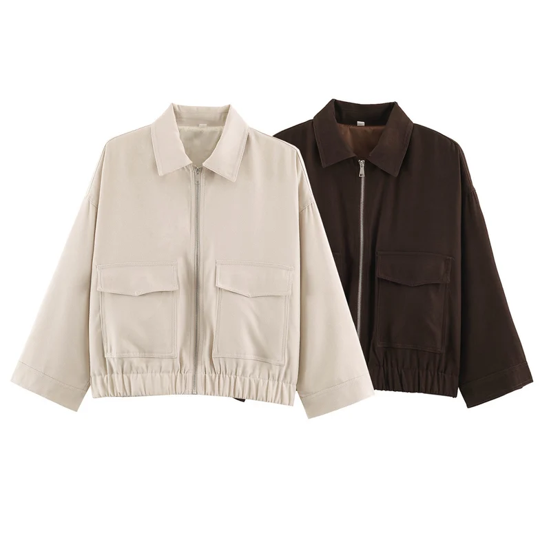 Damen Boxy Cropped Utility-Jacke mit Reißverschluss Pattentaschen und elastischem Saum Nord Taschen
