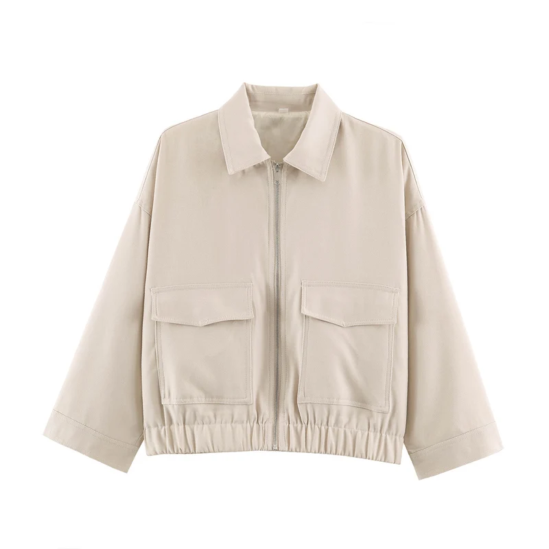 Damen Boxy Cropped Utility-Jacke mit Reißverschluss Pattentaschen und elastischem Saum Nord Taschen