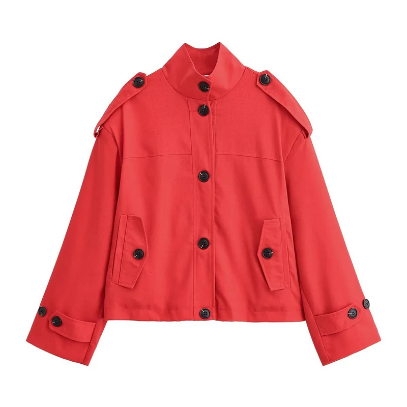 Damen Boxy-Cropped Jacke mit Stehkragen Schulterpatten und Pattentaschen Nord Taschen