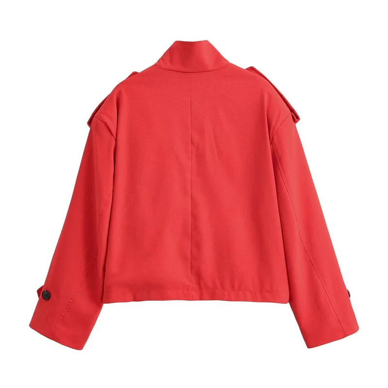 Damen Boxy-Cropped Jacke mit Stehkragen Schulterpatten und Pattentaschen Nord Taschen