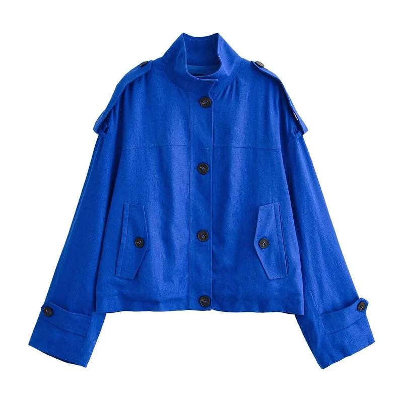 Damen Boxy-Cropped Jacke mit Stehkragen Schulterpatten und Pattentaschen Nord Taschen