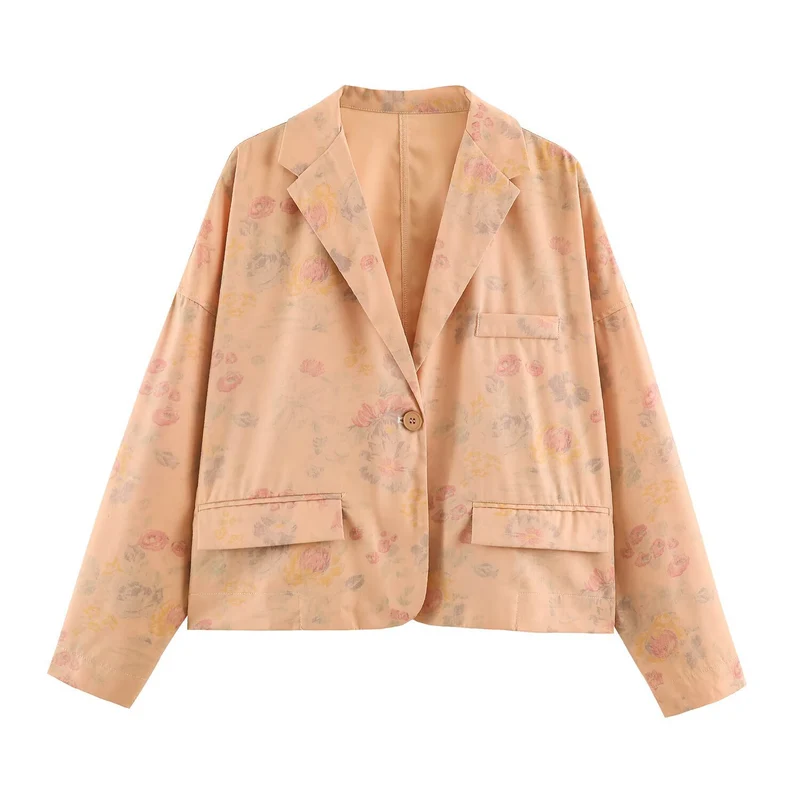 Damen Boxy-Blazerjacke mit floraler Seidenoptik, Ein-Knopf-Verschluss und Pattentaschen Nord Taschen