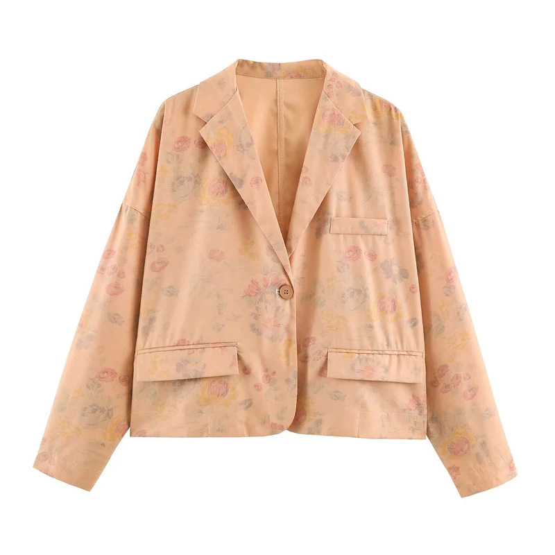Damen Boxy-Blazerjacke mit floraler Seidenoptik, Ein-Knopf-Verschluss und Pattentaschen Nord Taschen