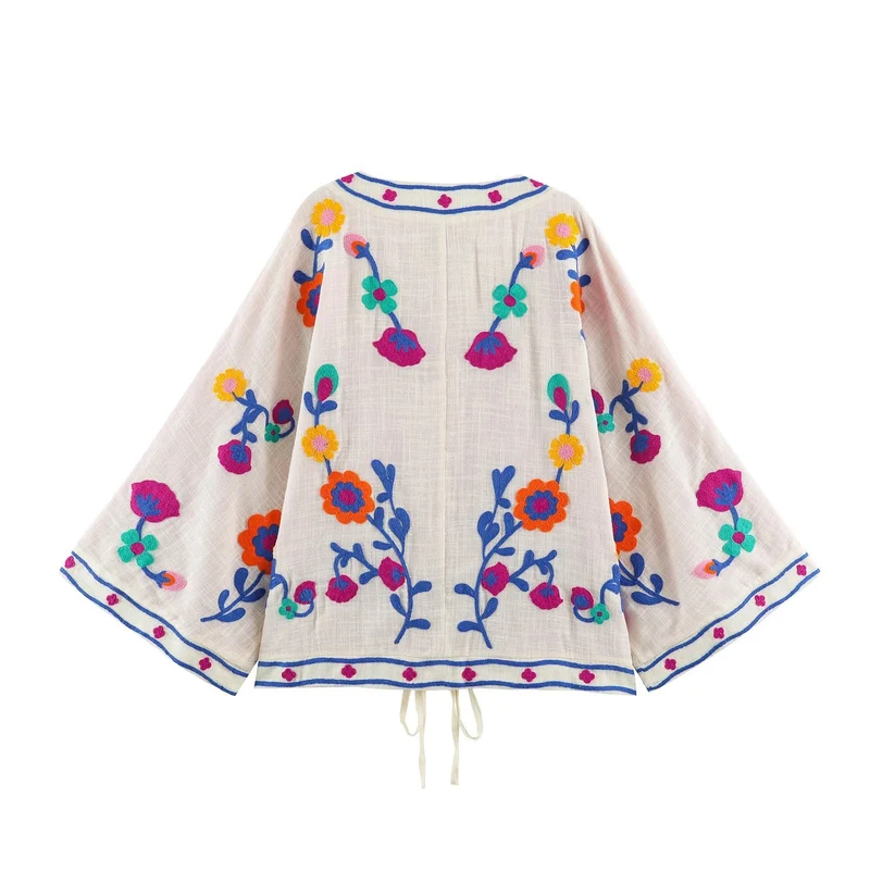 Damen bestickter Kimono-Cardigan mit floraler Stickerei Nord Taschen